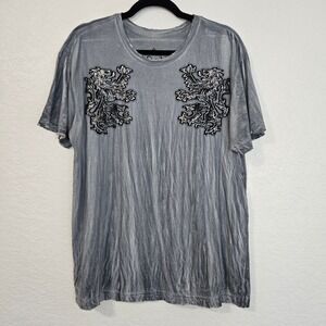 Affliction Mens Gray T Shirt Lion Graphic Distressed Edges Size L Tie Dye Stripe